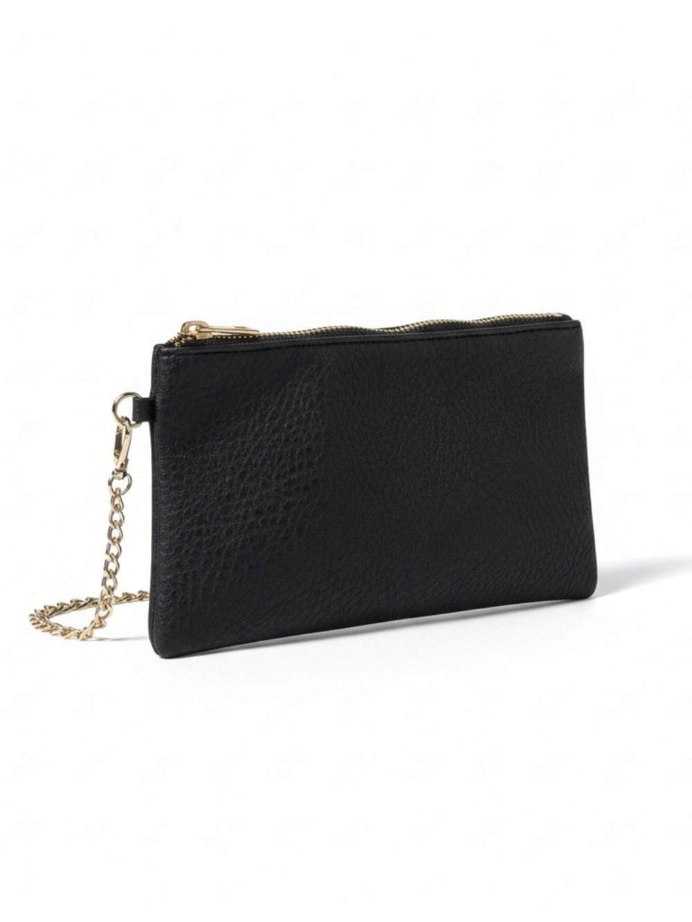 Black Leather Wristlet Clutch with Gold Chain